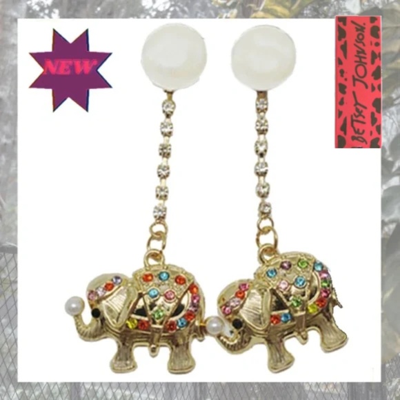 Betsey Johnson Faux Pearl Multicolor Crystal Chain Dangling Elephant Earrings - Picture 1 of 7